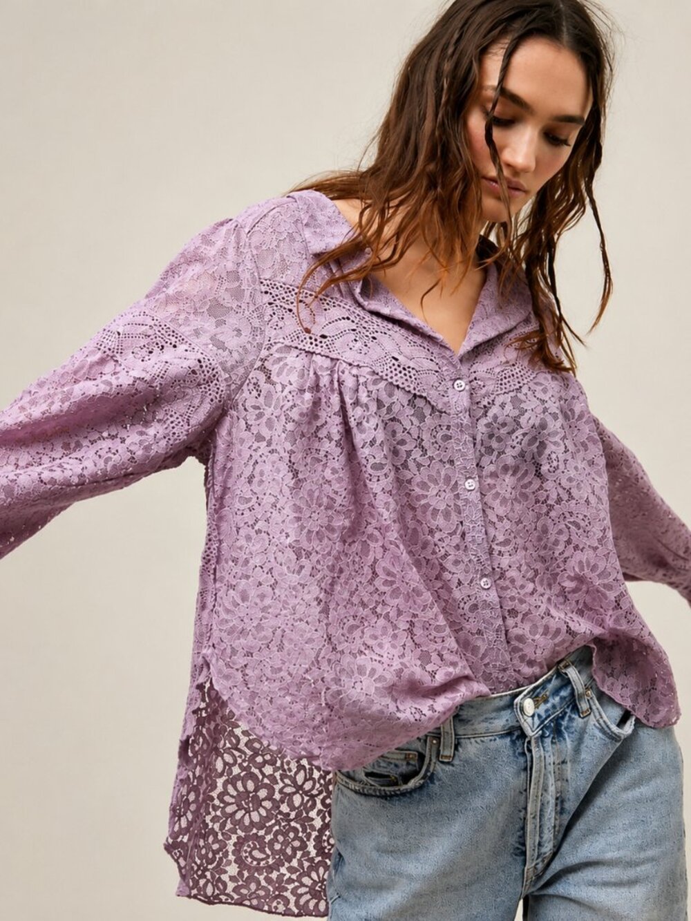 Free People NEW Lavender Out West Lace Crochet Button Up Shirt Oversized Small